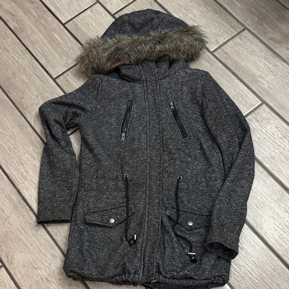 Gray Hooded Jacket with Faux Fur Trim